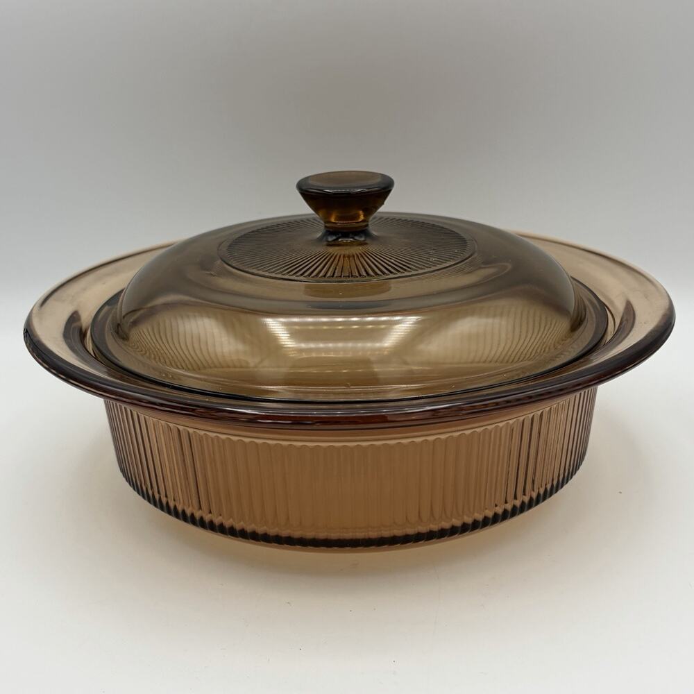 Pyrex Vision Corningware Amber Ribbed Glass Casserole Dish V-31-B One Quart